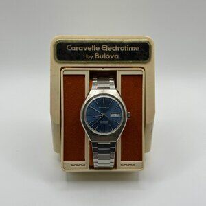 Vintage Caravelle Bulova Electrotime Blue Dial Setomatic Day Date Watch Mens